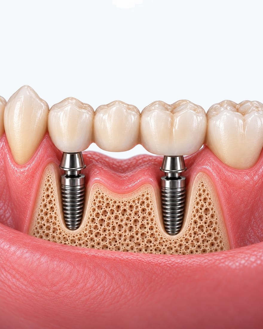 Puente de tres piezas sostenido por dos implantes dentales