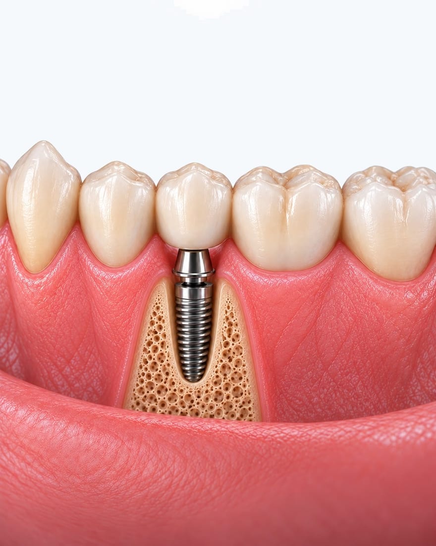 Implante dental unitario: una corona sobre un implante, sin tocar los dientes vecinos